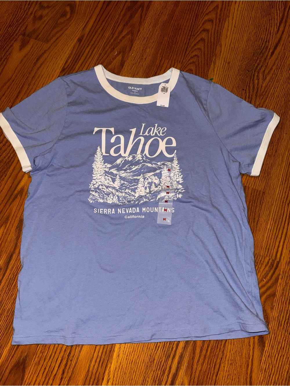 Old Navy Blue Lake Tahoe Graphic Ringer Tee with White Print